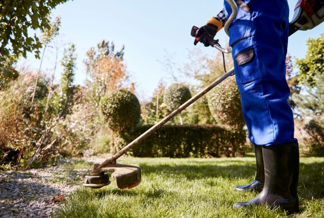 jardinero con weedwacker cortando el cesped en el jardin