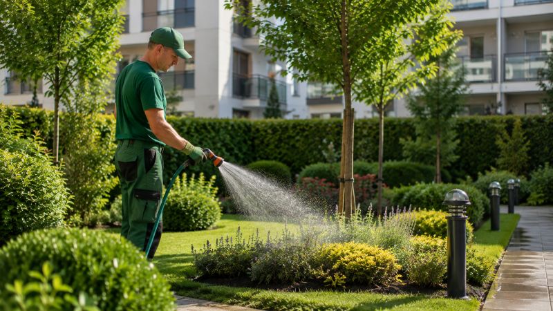 Jardinero regando jardín saludable
