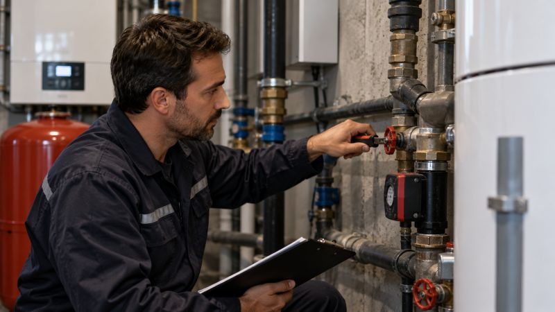 Inspección de fontanería común en edificio comunitario